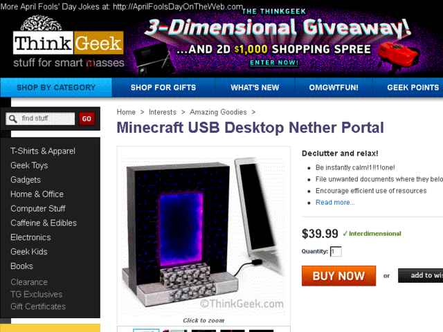 April Fools Day On The Web 11 Thinkgeek Com Fake Thinkgeek Product Minecraft Usb Desktop Nether Portal